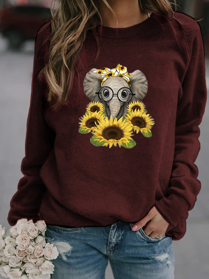 Damen-Sweatshirt mit Elefantenprint, Sonnenblumenmotiv und weichem Fleece Drune