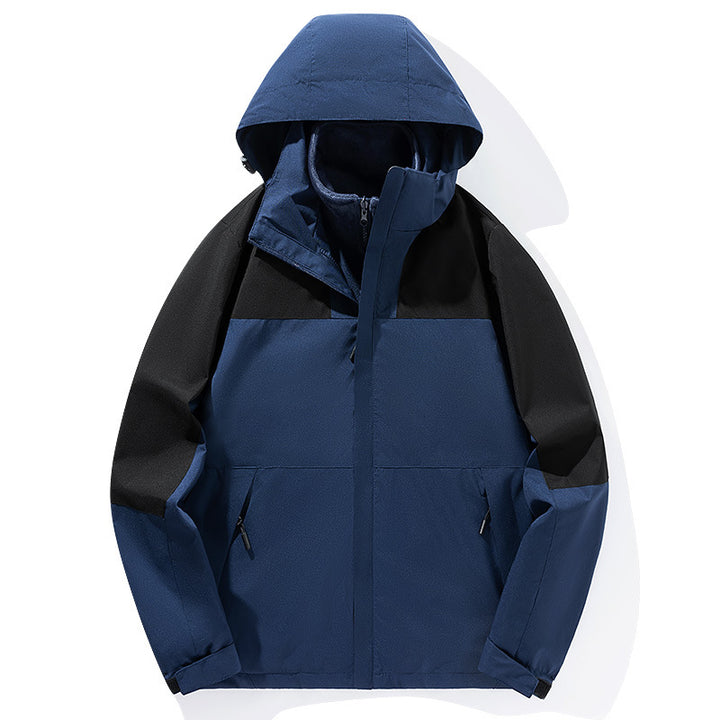 Herren zweilagige Softshell-Trekkingjacke mit fest integrierter Kapuze und fleecegefüttertem Kragen Drune