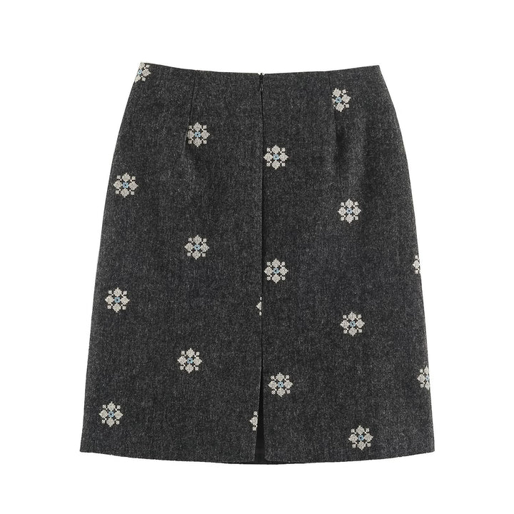 Damen Wollmix-Bleistiftrock mit bestickten Blumenmotiven und mittigem Schlitz Drune
