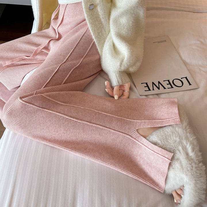 Damen Modische Rippstrick-Hose mit seitlichen Schlitzen Drune