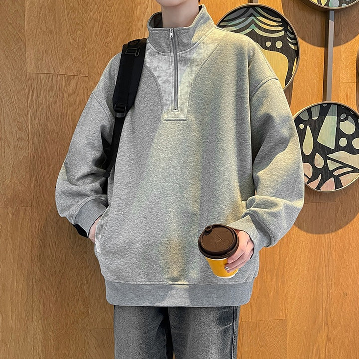 Herren Oversize Stehkragen-Halbzip-Sweatshirt mit Kängurutasche & Kontrast-Innenblende Drune