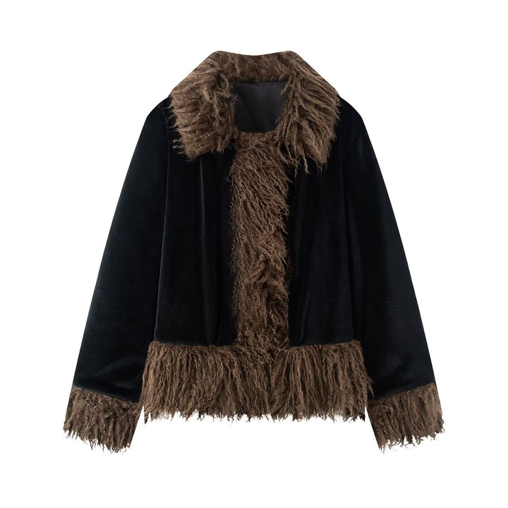 Damen Kurzjacke mit Faux‑Fellbesatz, Samtoptik und Fransenabschluss Drune