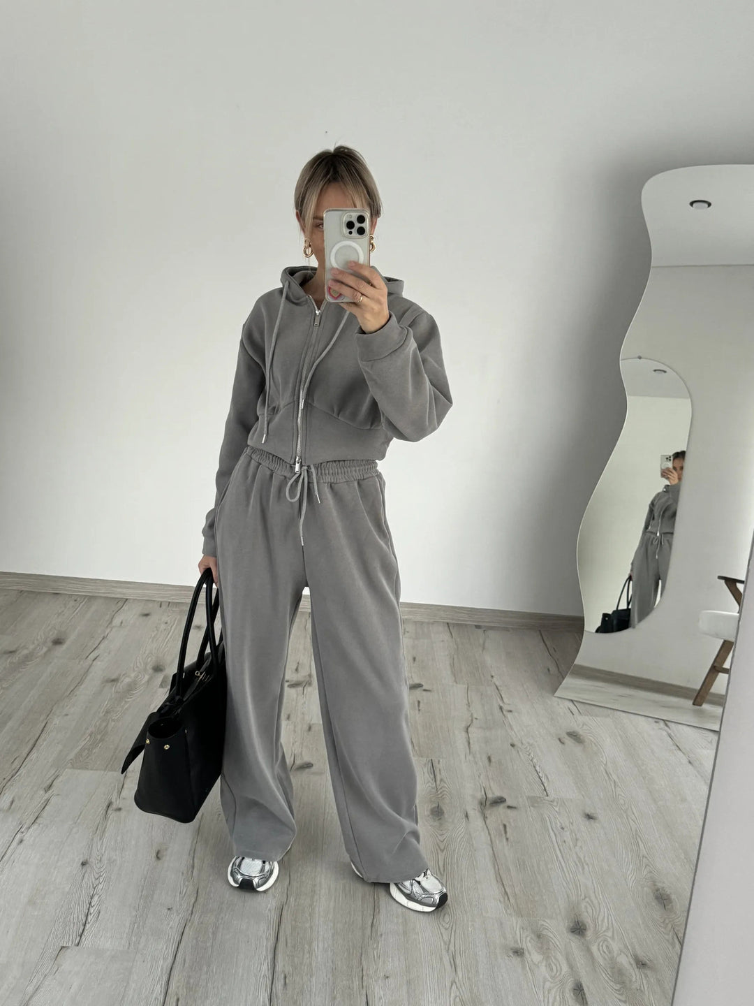 Damen Kurzgeschnittenes Zip-Hoodie mit Kordelzug‑Taille und weiter Palazzo‑Jogginghose Drune