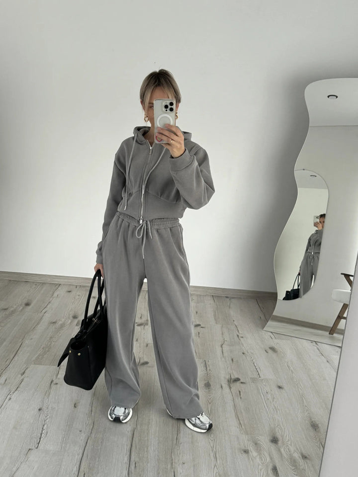 Damen Kurzgeschnittenes Zip-Hoodie mit Kordelzug‑Taille und weiter Palazzo‑Jogginghose Drune