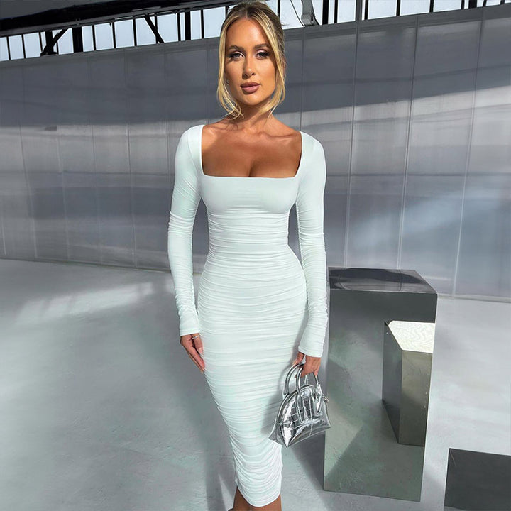 Damen Figurbetontes Langarmkleid mit quadratischem Ausschnitt Drune