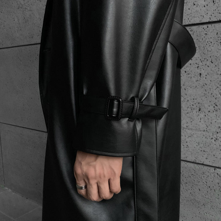 Herren modischer Longtrenchcoat aus hochwertigem Kunstleder mit elegantem Schnitt Drune