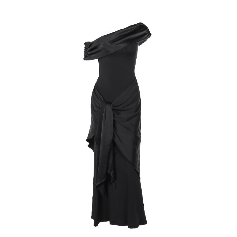 Damen bodenlanges Abendkleid mit asymmetrischem Schnitt und tiefem V-Ausschnitt Drune