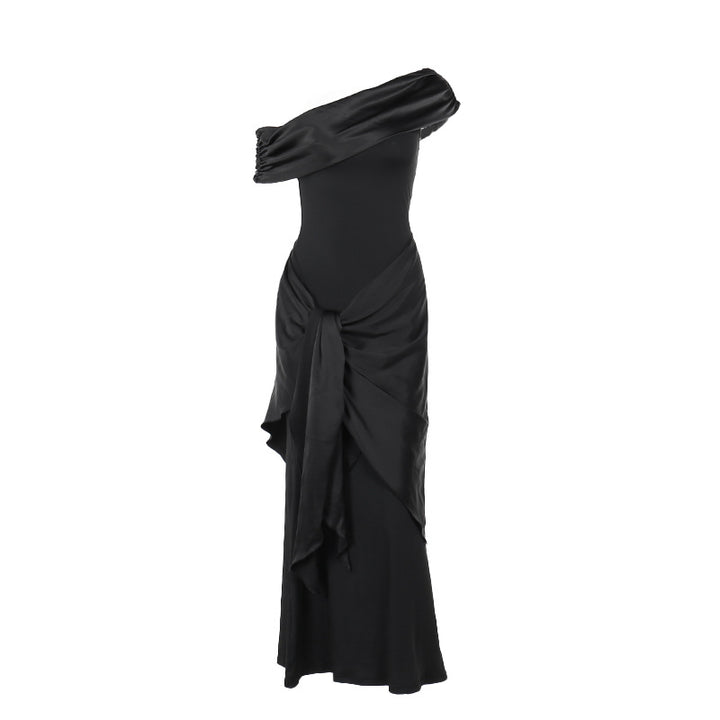 Damen bodenlanges Abendkleid mit asymmetrischem Schnitt und tiefem V-Ausschnitt Drune