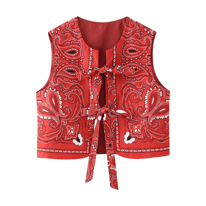 Damen nan ärmellose Bandana-Print Crop-Weste mit doppeltem Schleifenverschluss Drune