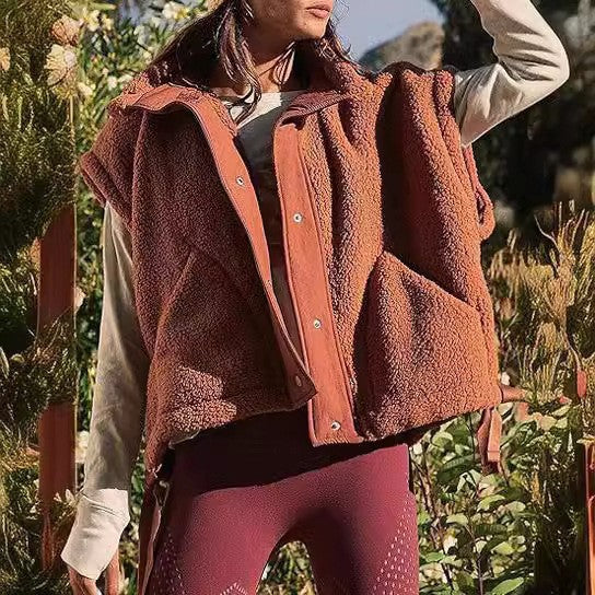 Damen Oversized Teddyweste mit Stehkragen, Druckknopfverschluss und Tunnelzug Drune