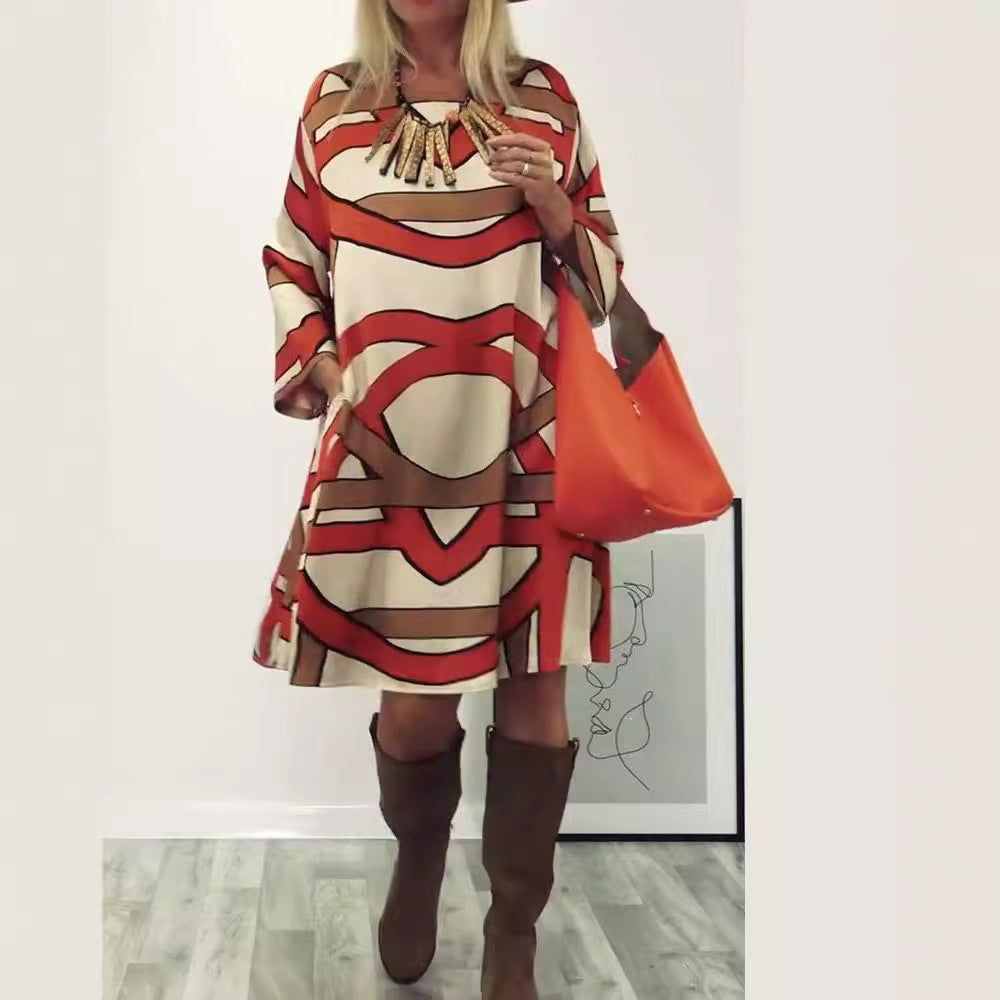 Damen nan großzügiges Swingkleid mit weitem Tulpen-Saum, Fledermausärmeln und grafischem Allovermuster Drune