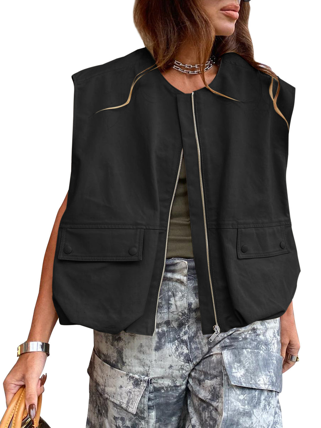 Damen stylische Utility-Weste mit Reißverschluss Drune