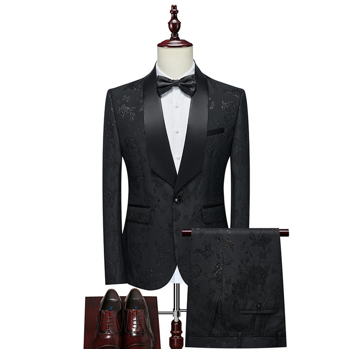 Herren Luxuriöses dreiteiliges Smoking-Set mit Schalrevers und Blumen-Jacquard Drune