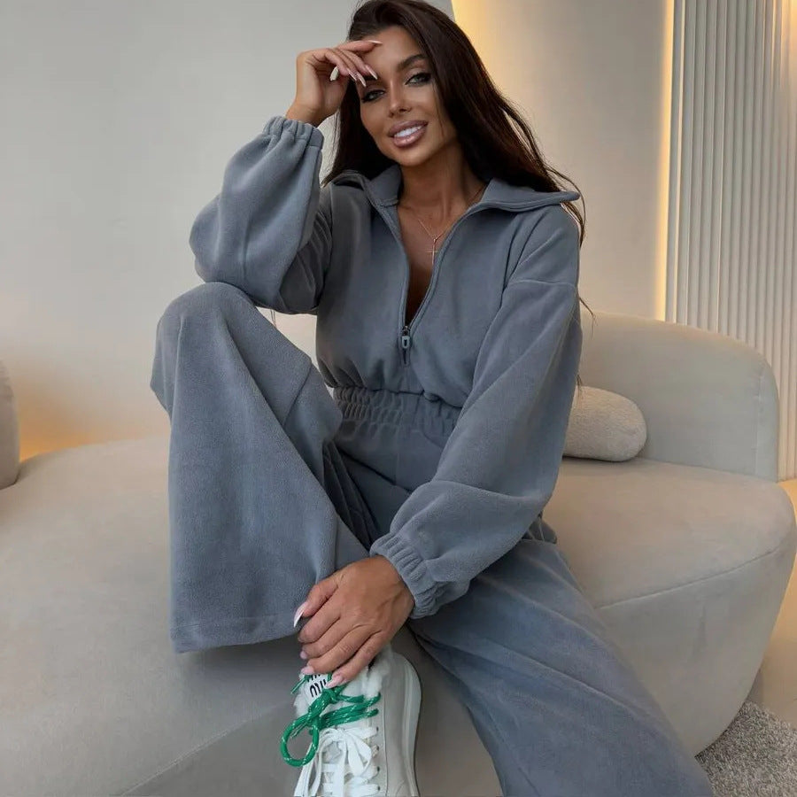 Damen eleganter Lounge-Overall mit elastischer Taillenpartie, Stehkragen, Reißverschluss und weitem Bein Drune