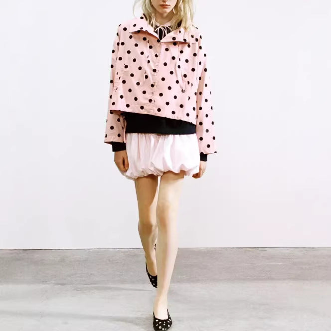 Damen Cropped-Übergangsjacke im Polka‑Dot‑Design mit kastiger Silhouette und Kapuze Drune