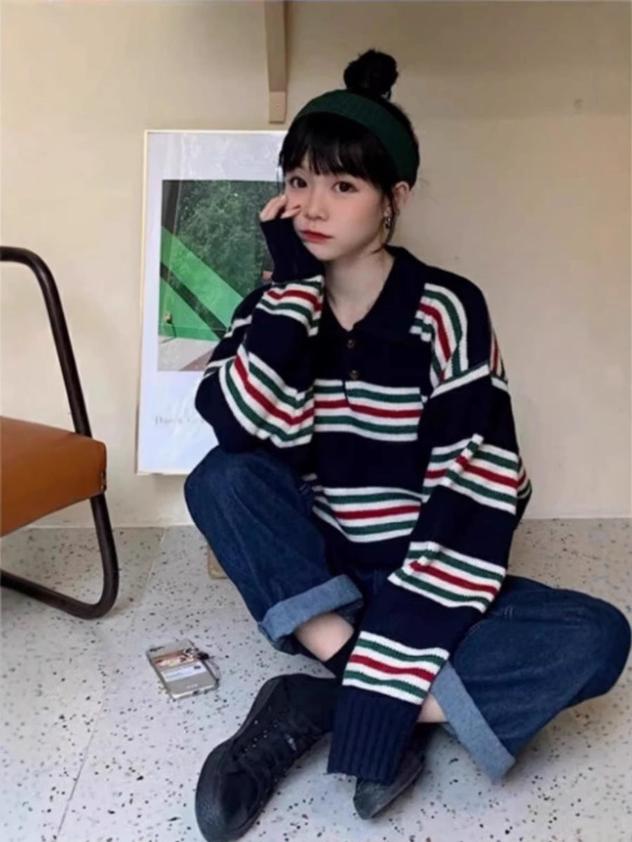 Damen Oversize Polokragen-Strickpullover mit maritimen Blockstreifen und kastiger Cropped-Silhouette Drune