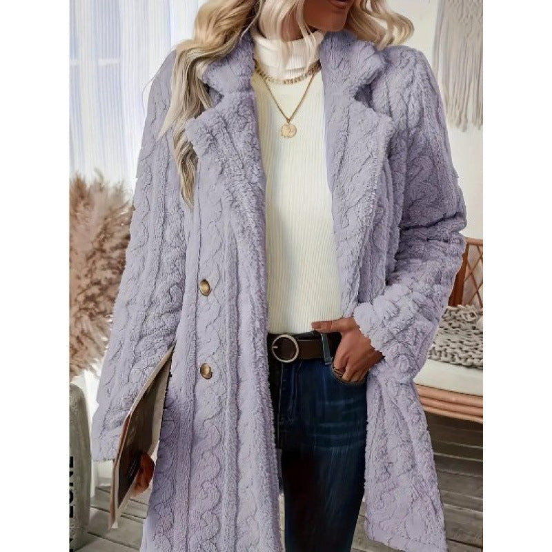 Damen Midilanger Teddy-Mantel mit Zopfmuster, Reverskragen und doppelt geknöpfter Front Drune