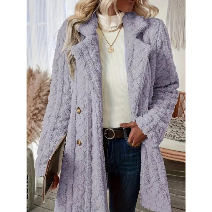 Damen Midilanger Teddy-Mantel mit Zopfmuster, Reverskragen und doppelt geknöpfter Front Drune