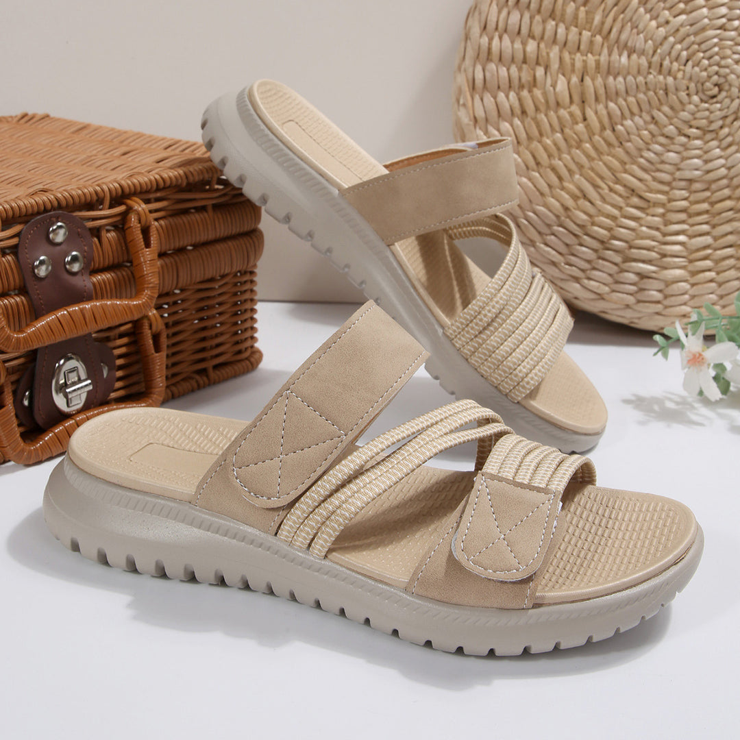 Damen Komfort-Pantolette mit verstellbaren Klettriemen, elastischen Zierbändern und stoßdämpfender Profilsohle Drune