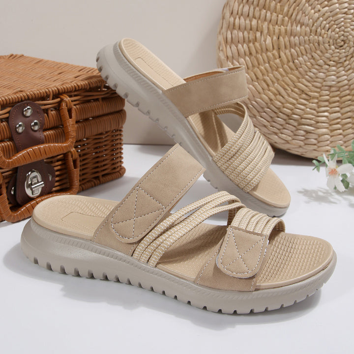 Damen Komfort-Pantolette mit verstellbaren Klettriemen, elastischen Zierbändern und stoßdämpfender Profilsohle Drune