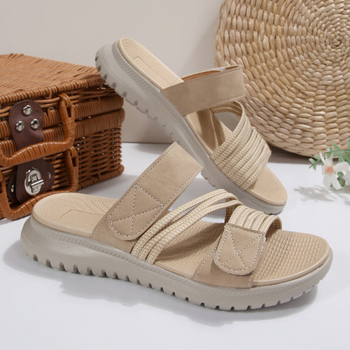 Damen Komfort-Pantolette mit verstellbaren Klettriemen, elastischen Zierbändern und stoßdämpfender Profilsohle Drune