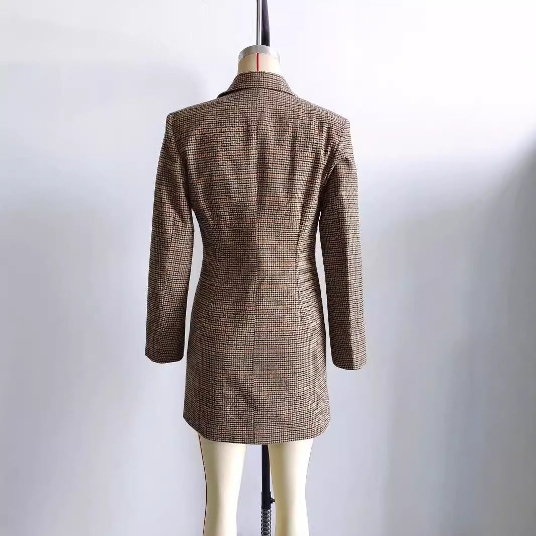 Damen nan taillierter Doppelreiher-Mantel im Glencheck-Look mit Reverskragen Drune