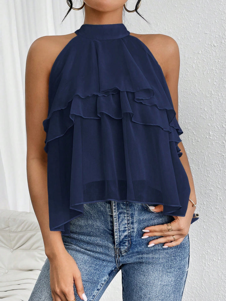 Damen Luftiges Chiffon-Top mit Stehkragen und mehrlagigen Volants Drune