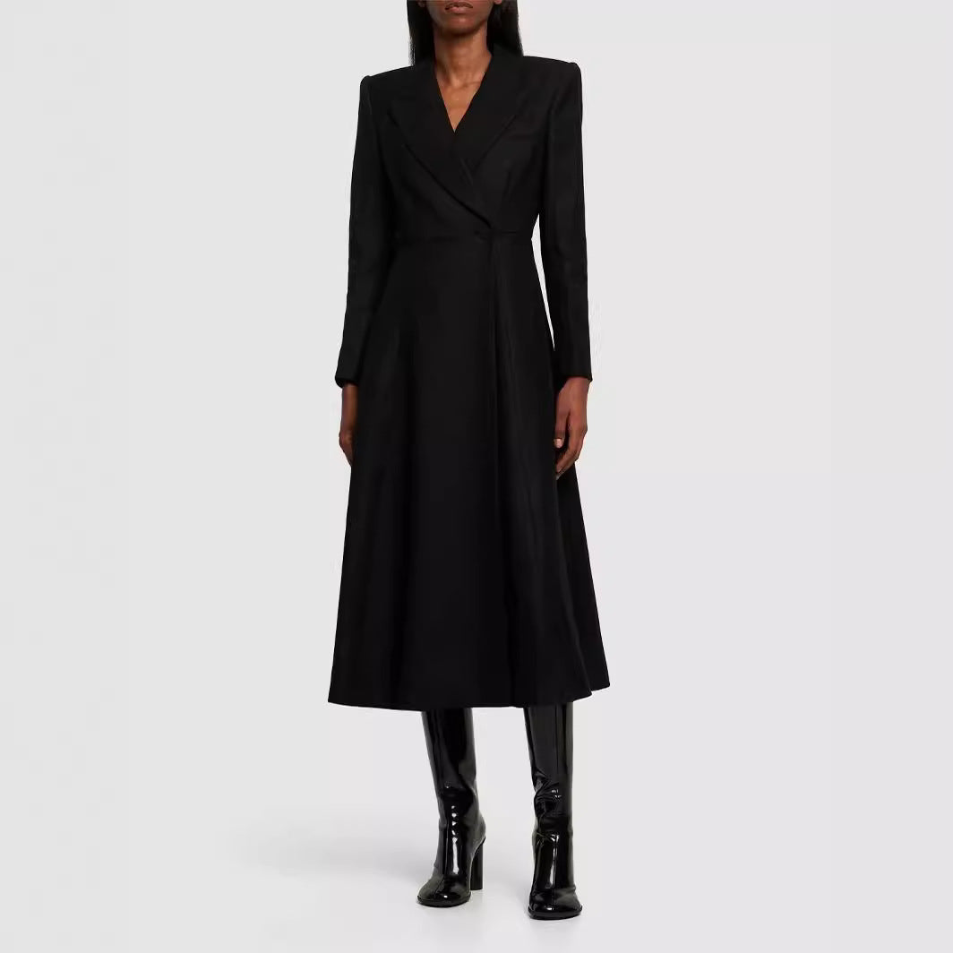 Damen langer taillierter Blazer‑Mantel mit Maxi‑Länge und strukturierten Schultern Drune