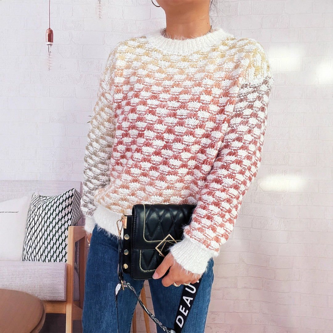 Damen Modischer Strickpullover mit Karo-Muster Drune