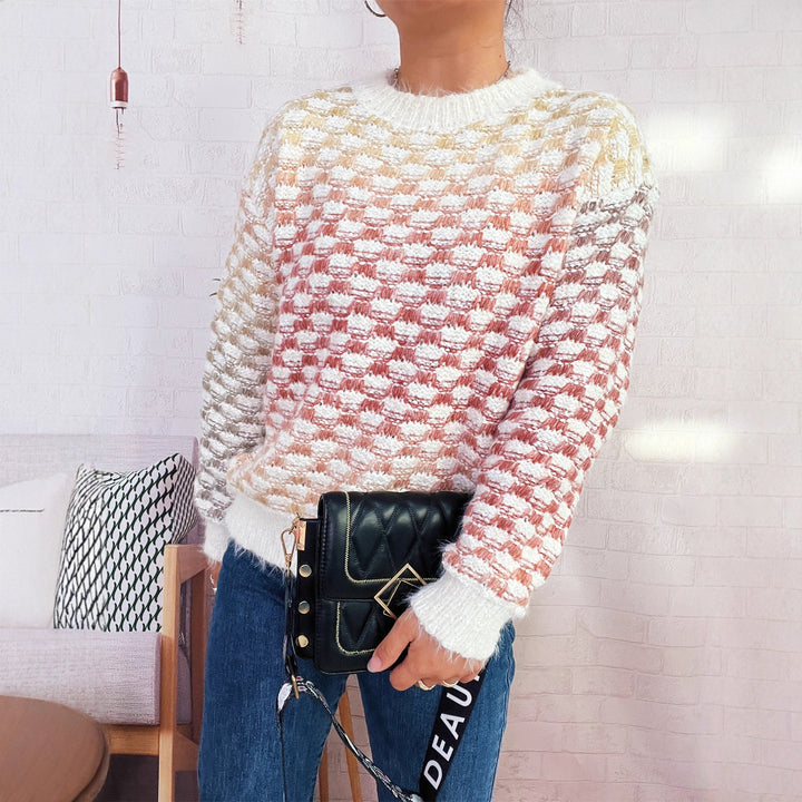 Damen Modischer Strickpullover mit Karo-Muster Drune