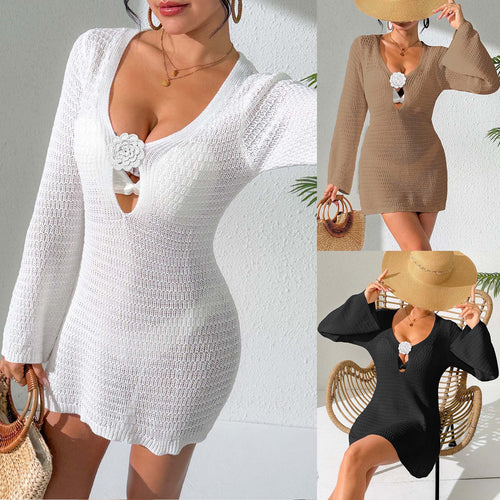Damen gehäkeltes Strandkleid mit tiefem V-Ausschnitt und eleganter Blüte Drune