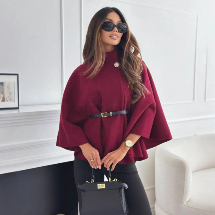Damen elegante und modische Cape-Jacke mit Gürtel aus strukturiertem Stoff Drune