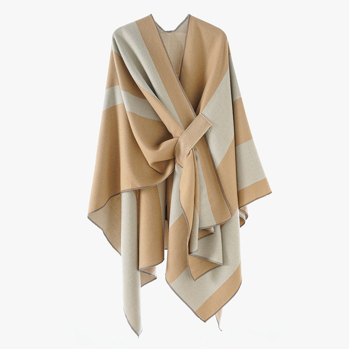 Damen Oversize-Cape mit Blockstreifen und Bindegürtel Drune
