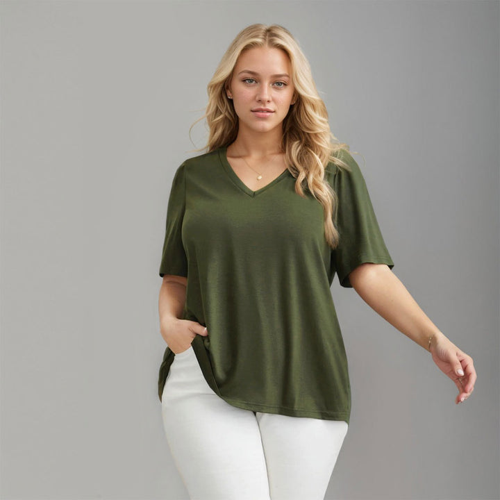 Damen Lässiges V-Ausschnitt T-Shirt mit Seitentaschen und weichem Material Drune