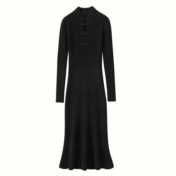 Damen Elegantes Strickkleid mit hohem Kragen und dekorativen Knöpfen Drune