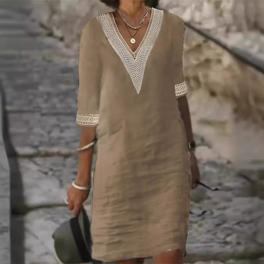 Damen Leinenlook Midi Kleid mit gehäkeltem V-Ausschnitt und 3/4 Ärmeln Drune