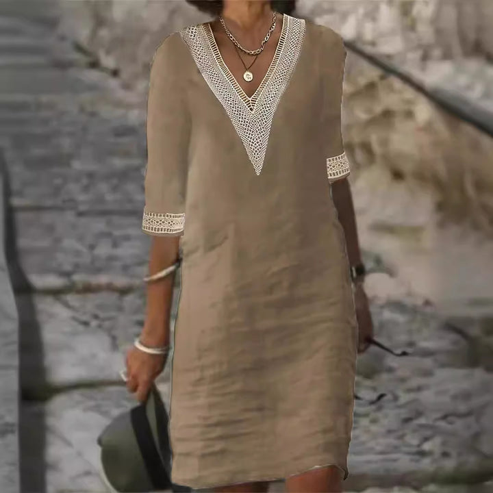 Damen Leinenlook Midi Kleid mit gehäkeltem V-Ausschnitt und 3/4 Ärmeln Drune