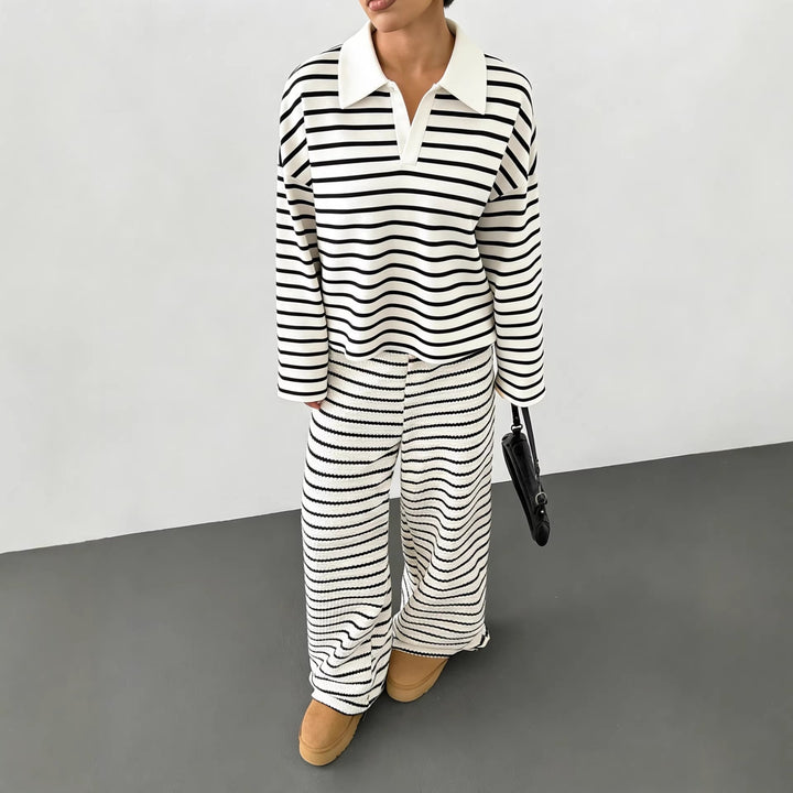 Damen Gestreifter Strickpullover mit Polokragen und Oversize-Ärmeln Drune