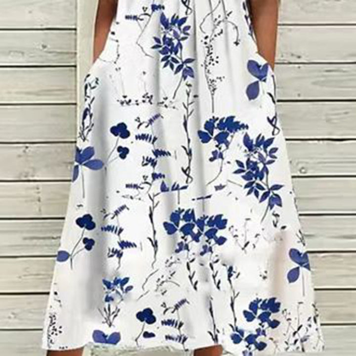Damen nan luftiges A-Linien-Midikleid mit Spitzenärmeln, Eingrifftaschen und Rundhalsausschnitt Drune