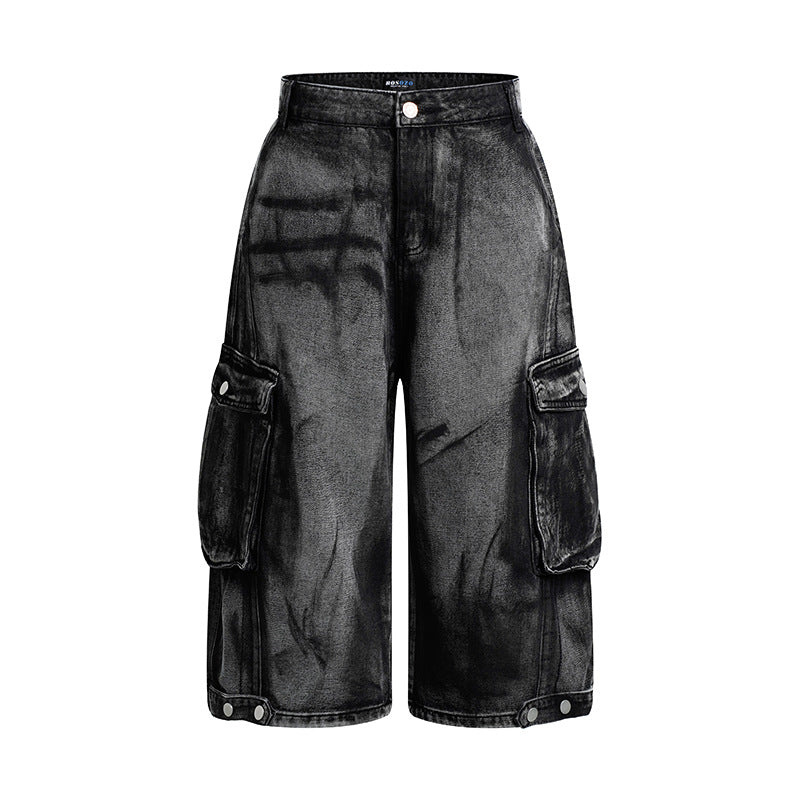 Damen High-Waist Denim-Cargo-Culotte mit weiten Beinen und aufgesetzten Taschen Drune