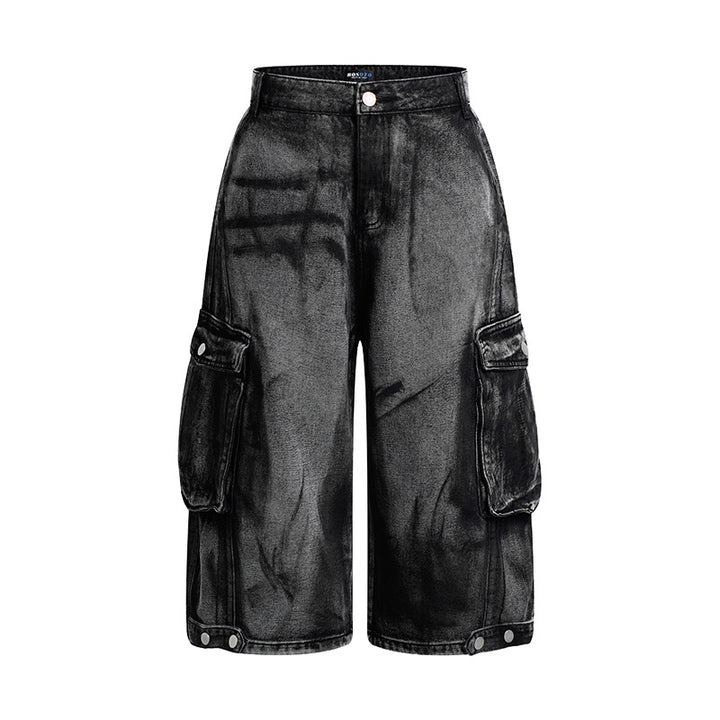 Damen High-Waist Denim-Cargo-Culotte mit weiten Beinen und aufgesetzten Taschen Drune