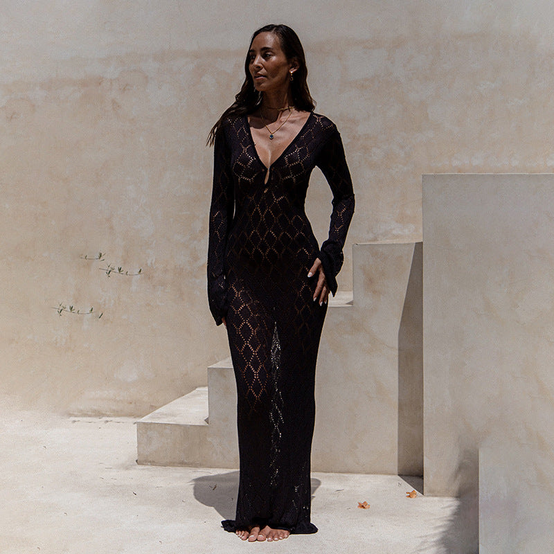 Damen gehäkeltes Maxi-Kleid mit tiefem V-Ausschnitt und weitem Ärmel Drune
