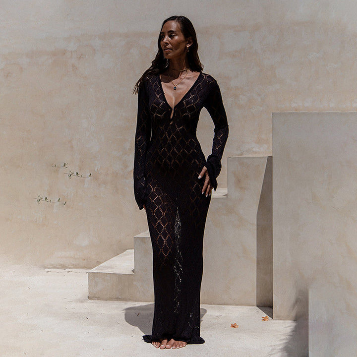 Damen gehäkeltes Maxi-Kleid mit tiefem V-Ausschnitt und weitem Ärmel Drune