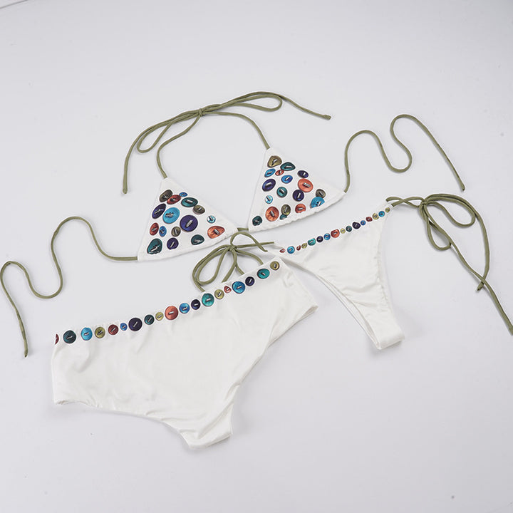 Damen Triangel-Bikini-Set mit bunten Dekorationen und verstellbaren Trägern Drune