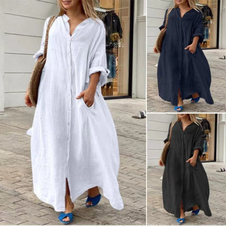 Drune | Einreiher Baumwoll-Leinen Plus Size Langkleid
