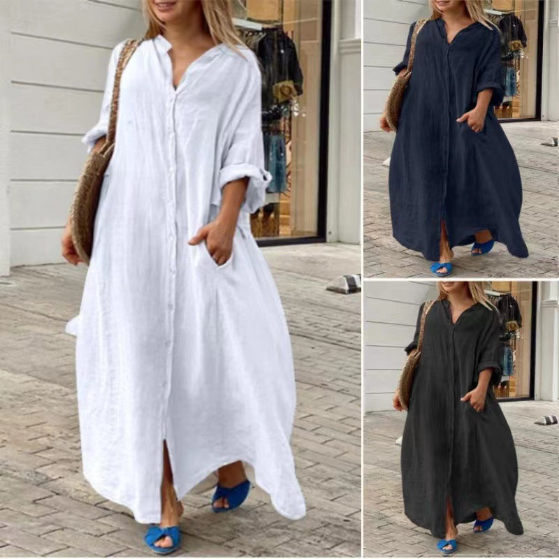 Drune | Einreiher Baumwoll-Leinen Plus Size Langkleid