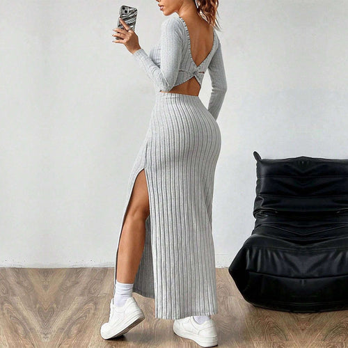 Damen figurbetontes geripptes Maxikleid mit quadratischem Ausschnitt und seitlichem Beinschlitz Drune