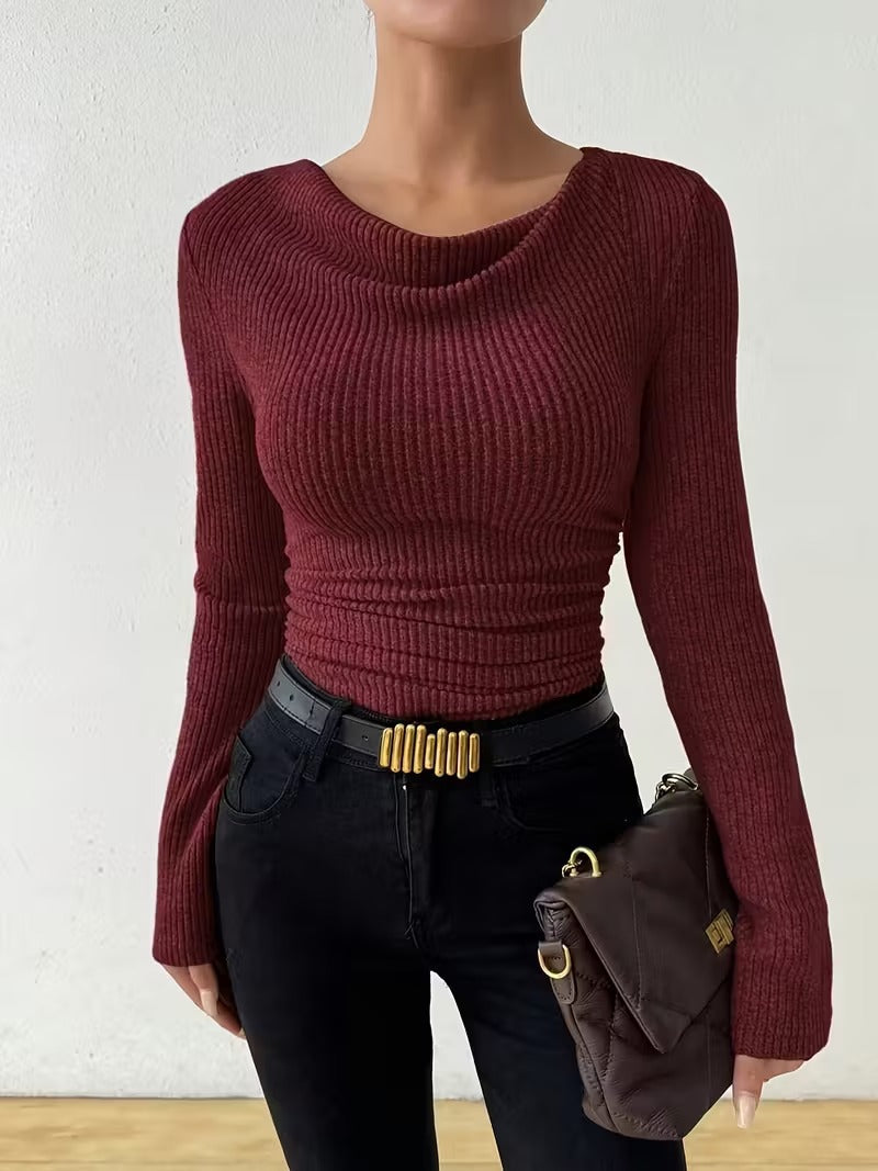 Damen Gerippter Taillierter Feinstrickpullover mit Raffung Drune