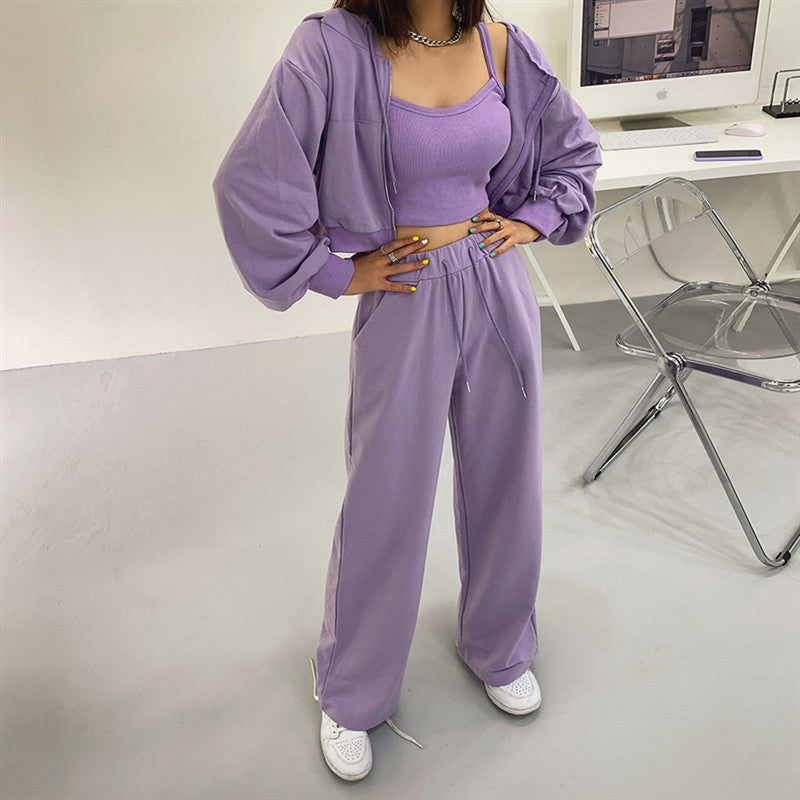 Damen modisches Drei-Teiliges Set mit cropped Hoodie, Tanktop und weiten Hosen Drune