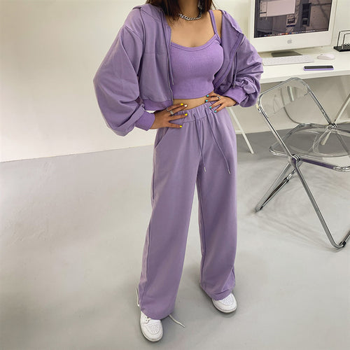 Damen modisches Drei-Teiliges Set mit cropped Hoodie, Tanktop und weiten Hosen Drune